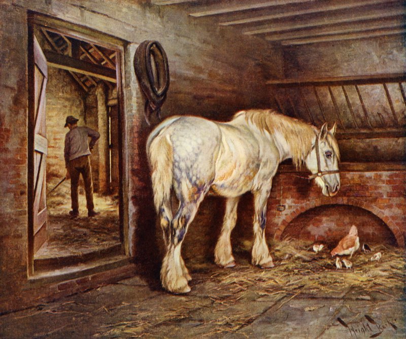Slutet av dagen - bondhästen återvänder hem (färg litho) av Wright Barker