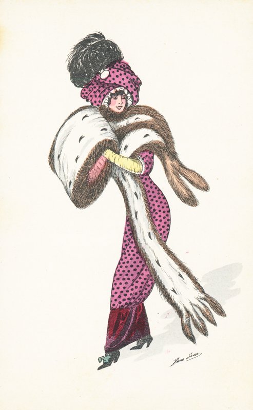 Elegant parisisk kvinna, med lång pälsstole (chromolitho) av Xavier Sager