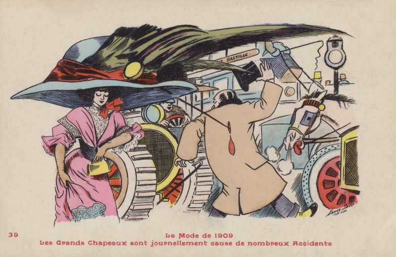 Vykort som satiriserar farorna med stora hattar och tillhörande hattnålar - modet 1909 av Xavier Sager