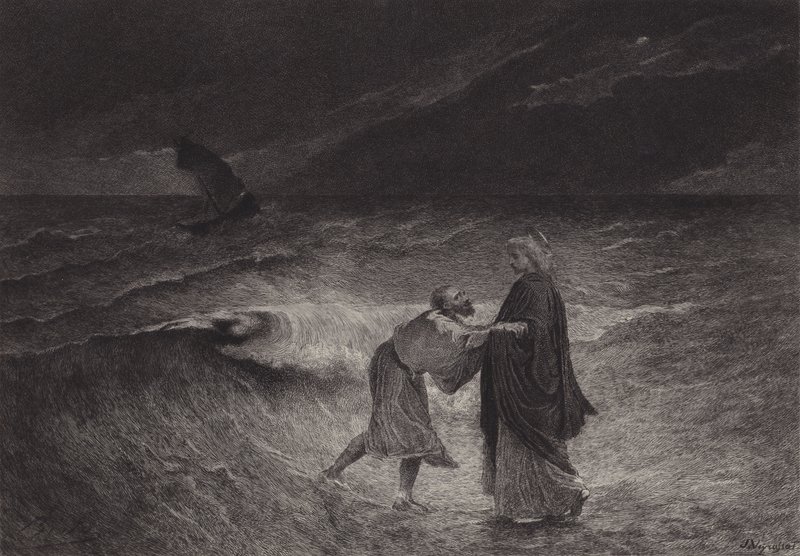 Jesus och Peter på havet av after Albert Robida