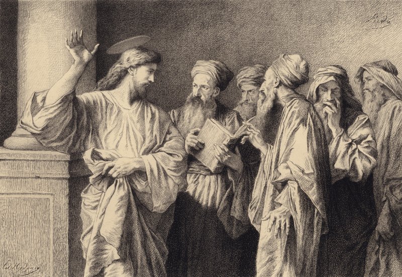 Jesus och de skriftlärda och de äldste av after Albert Robida