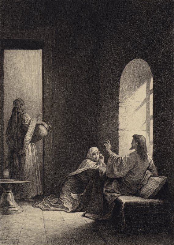 Jesus i Martas och Marias hus av after Albert Robida