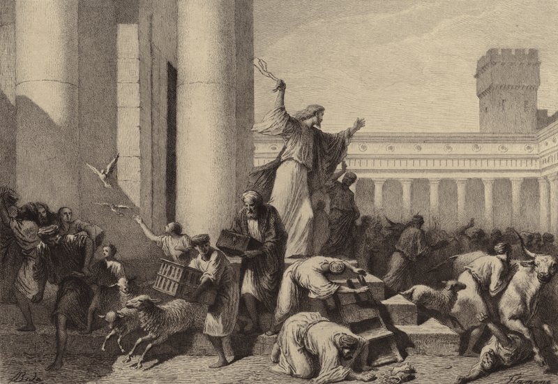 Jesus driver ut växlarna från templet av after Albert Robida