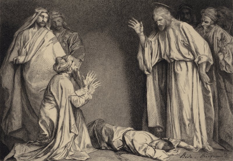 Jesus botar det besatta barnet av after Albert Robida