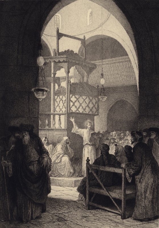 Jesus i synagogan av after Albert Robida