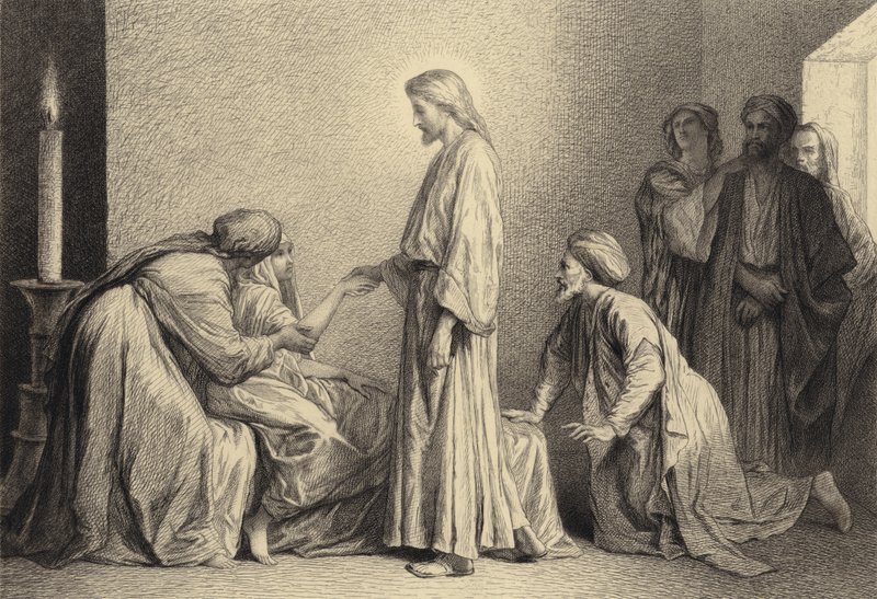 Jesus uppväcker ett litet barn från döden av after Albert Robida