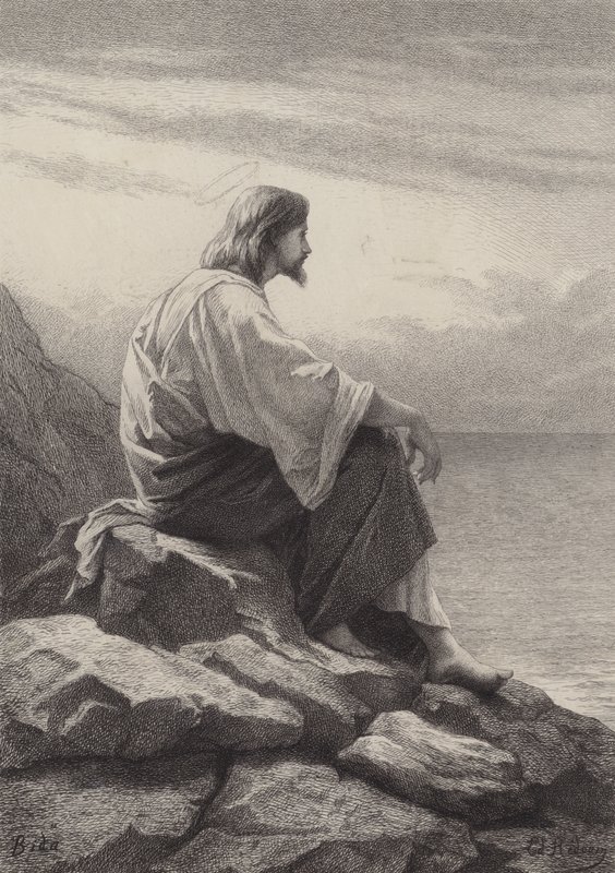 Jesus sitter vid havet av after Albert Robida