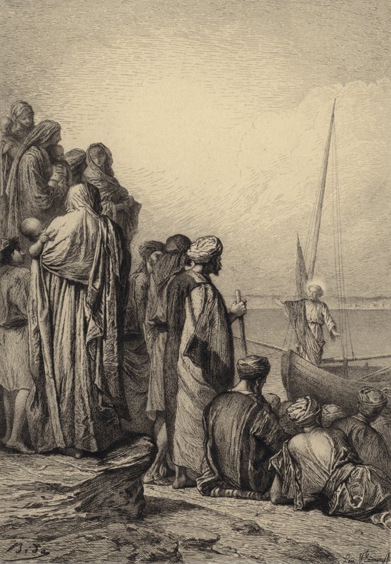 Jesus undervisar i ett skepp av after Albert Robida