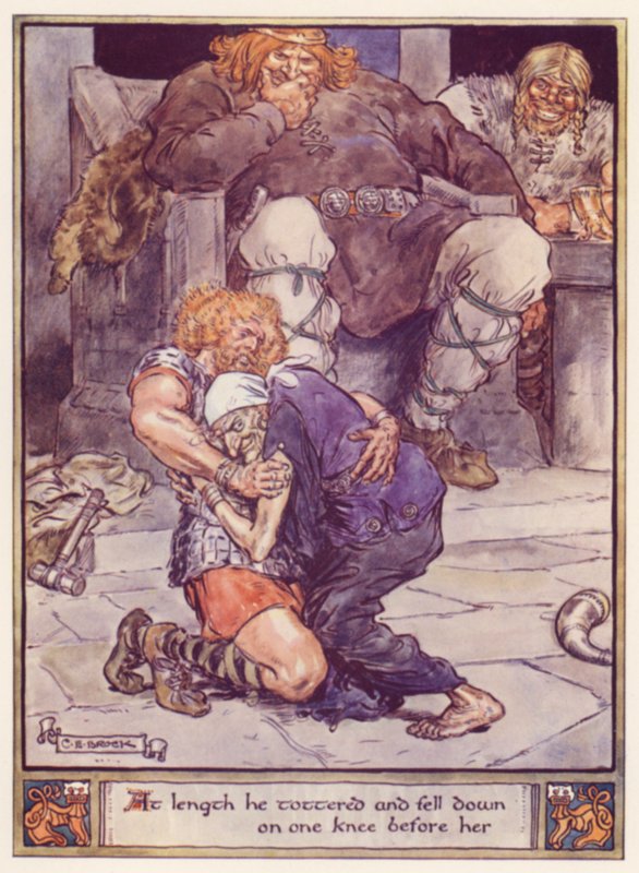 Till slut vacklade han och föll ner på knä framför henne av after Charles Edmund Brock