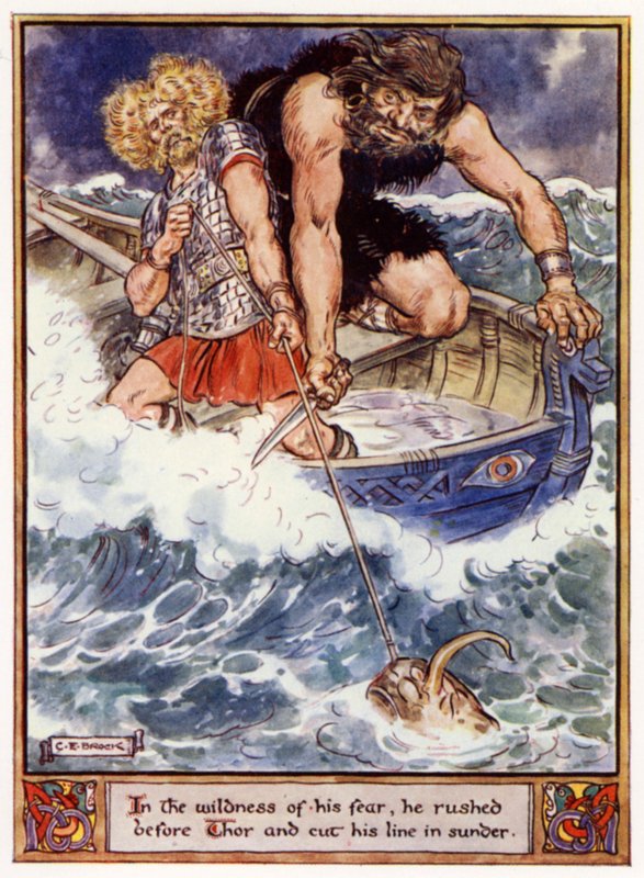 I sin rädslas vildhet rusade han framför Thor och skar ner sin lina av after Charles Edmund Brock