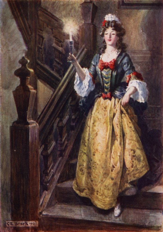 Mistress Beatrix snubblar nerför trappan på Walcote House för att hälsa på Esmond av after Charles Edmund Brock