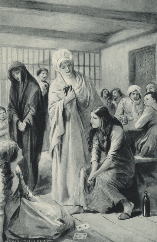 Elizabeth Fry går fritt in och ut ur fängelsehålorna i Newgate av after Charles Mills Sheldon