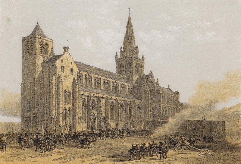 Glasgow (St Mungos) katedral, exteriör (chromolitho) av after David Roberts