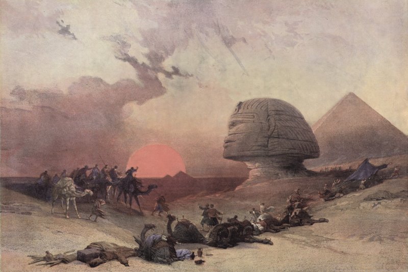 Keops- och sfinxpyramiden, nära Giza, Egypten av after David Roberts