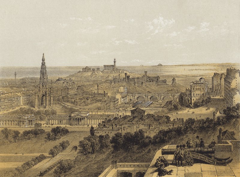 Utsikt över Edinburgh från slottet (chromolitho) av after David Roberts