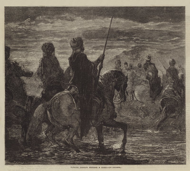 Turkiskt kavalleri som forsar en flod av after Edmond Morin