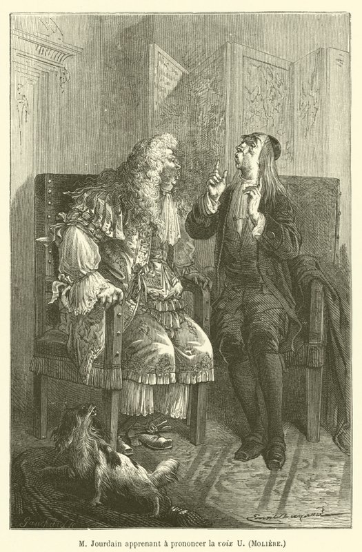 M Jourdain lär sig uttala rösten U, Moliere av after Emile Antoine Bayard