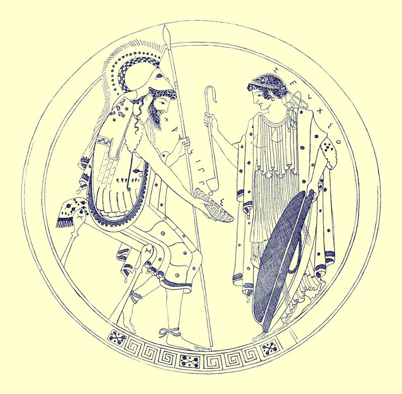 En sittande krigare håller sin vinkopp, illustration från Greek Vase Paintings av J. E. Harrison och D. S. MacColl, publicerad 1894 (digitalt förbättrad bild) av after English School