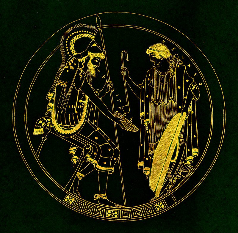 En sittande krigare håller sin vinkopp, illustration från Greek Vase Paintings av J. E. Harrison och D. S. MacColl, publicerad 1894 (digitalt förbättrad bild) av after English School