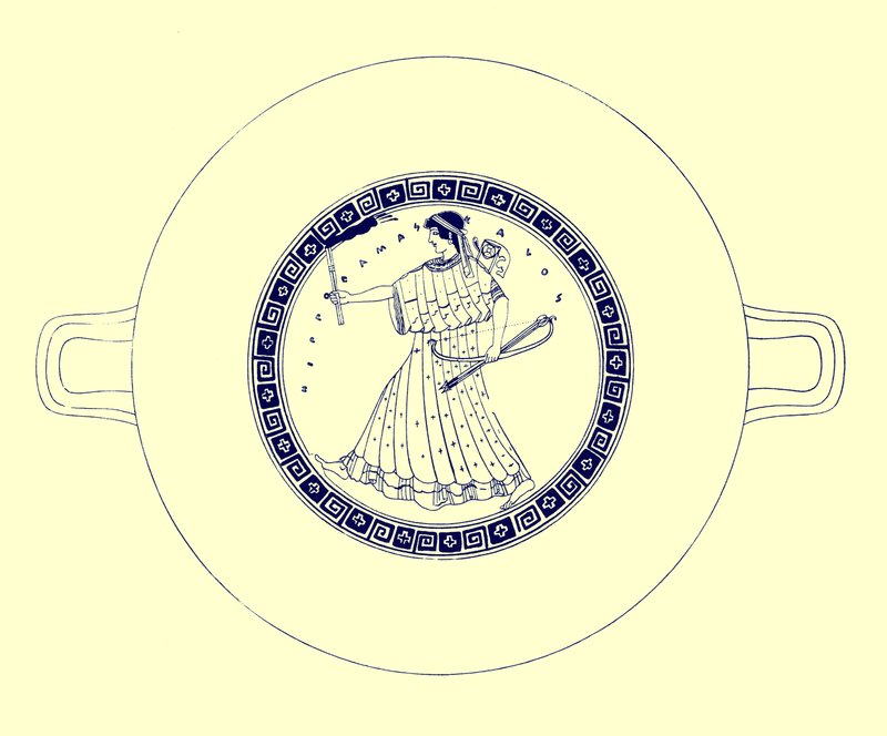 Artemis med båge, pil och ficklampa, illustration från grekiska vassmålningar av J. E. Harrison och D. S. MacColl, publicerad 1894 (digitalt förbättrad bild) av after English School