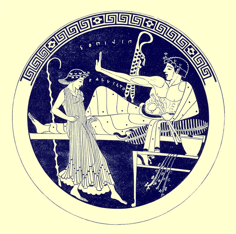 Dansande flicka och festande ungdom, illustration från grekiska vassmålningar av J. E. Harrison och D. S. MacColl, publicerad 1894 (digitalt förbättrad bild) av after English School