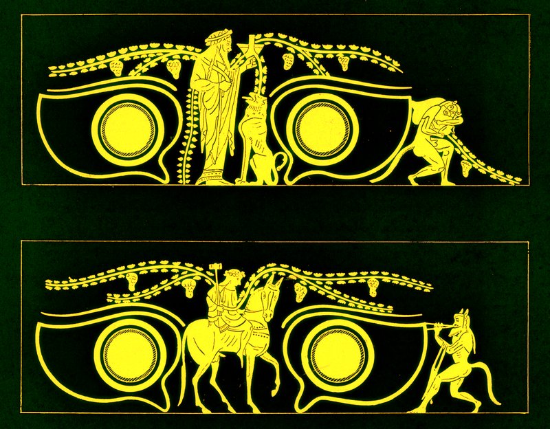 Dionysos, Hephaistos och satyrer, illustration från grekiska vassmålningar av J. E. Harrison och D. S. MacColl, publicerad 1894 (digitalt förbättrad bild) av after English School