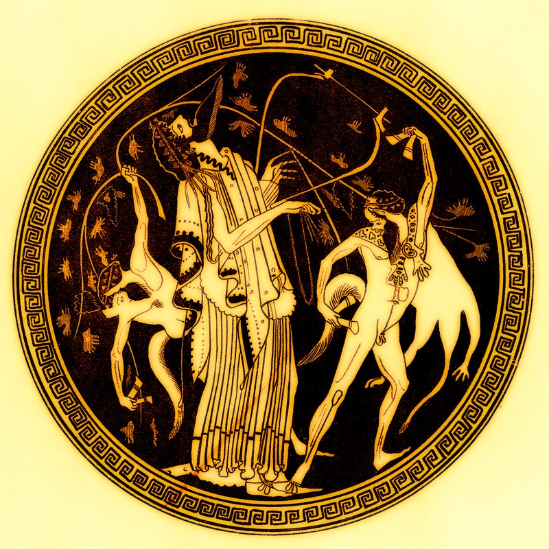 Dionysos och satyrer, illustration från grekiska vassmålningar av J. E. Harrison och D. S. MacColl, publicerad 1894 (digitalt förbättrad bild) av after English School