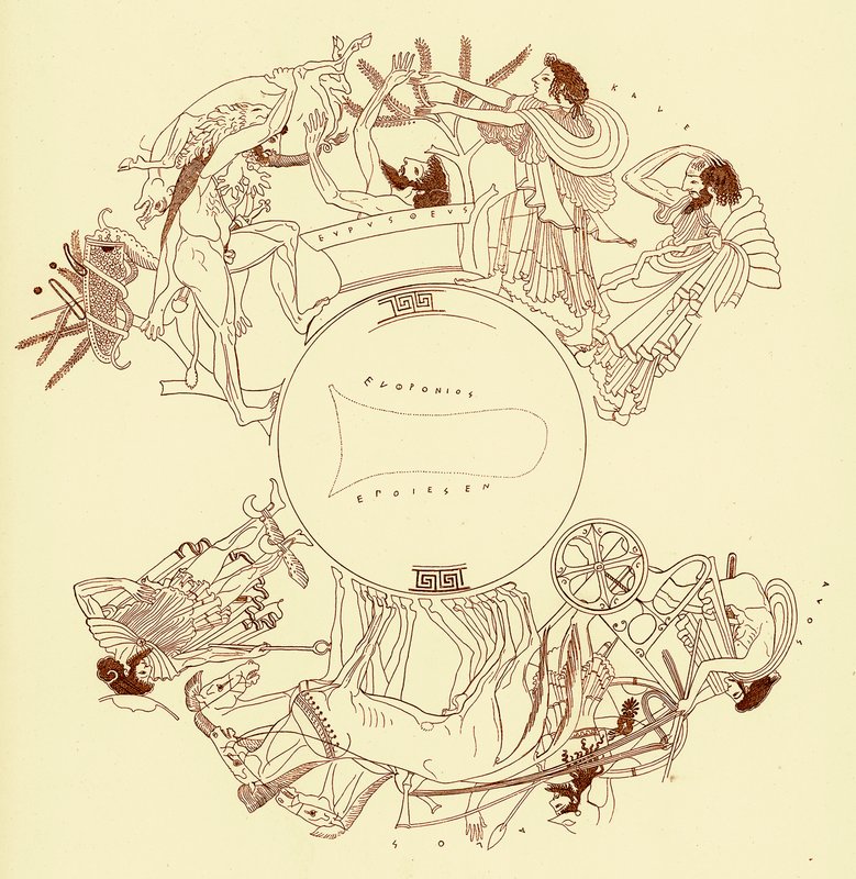 Herakles och Eurystheus, illustration från grekiska vassmålningar av J. E. Harrison och D. S. MacColl, publicerad 1894 (digitalt förbättrad bild) av after English School