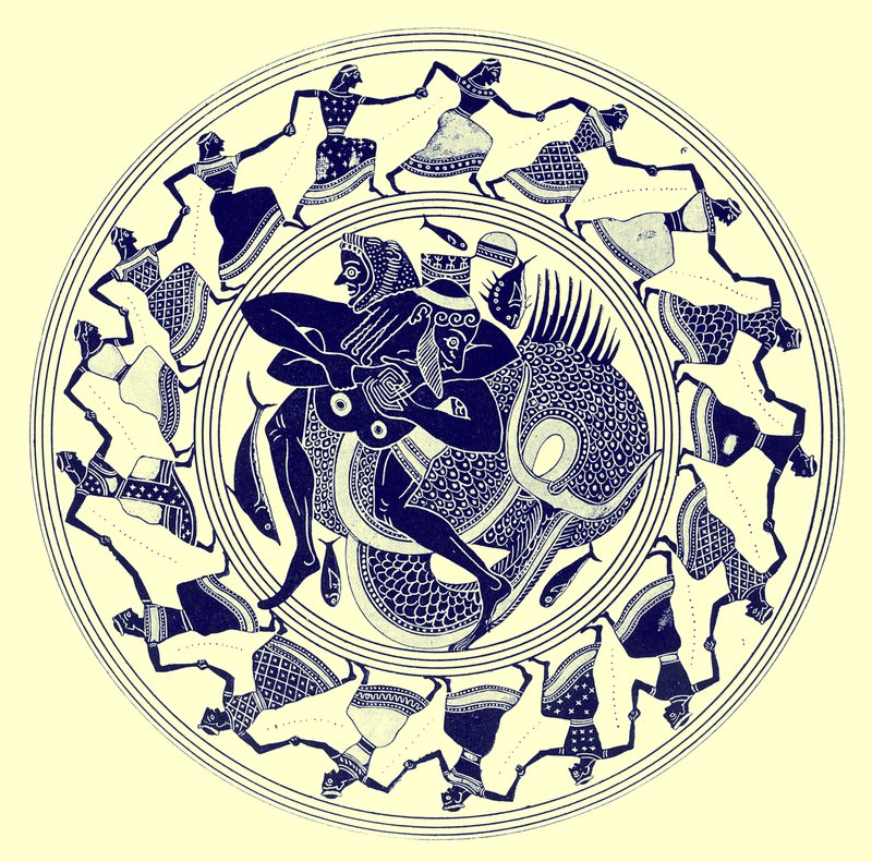 Herakles brottas med Triton, illustration från Greek Vase Paintings av J. E. Harrison och D. S. MacColl, publicerad 1894 (digitalt förbättrad bild) av after English School