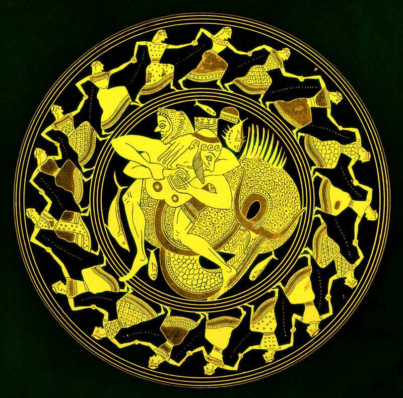 Herakles brottas med Triton, illustration från Greek Vase Paintings av J. E. Harrison och D. S. MacColl, publicerad 1894 (digitalt förbättrad bild) av after English School