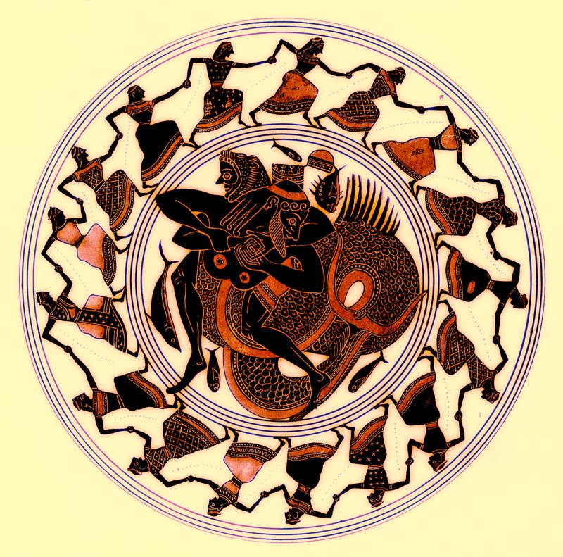 Herakles brottas med Triton, illustration från Greek Vase Paintings av J. E. Harrison och D. S. MacColl, publicerad 1894 (digitalt förbättrad bild) av after English School