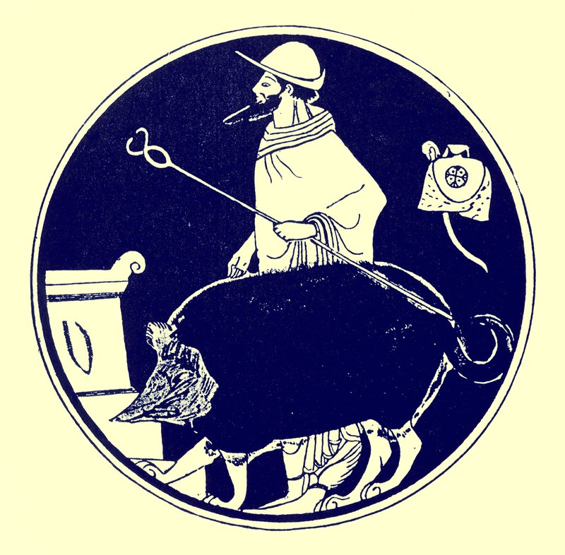 Hermes och den maskerade hunden, illustration från grekiska vasmålningar av J. E. Harrison och D. S. MacColl, publicerad 1894 (digitalt förbättrad bild) av after English School