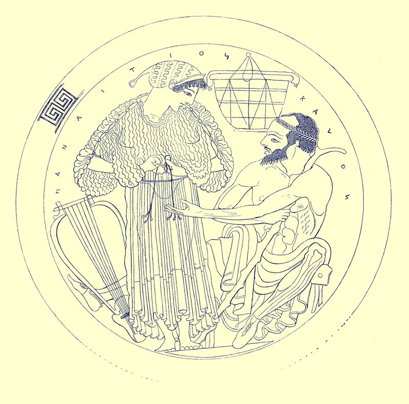 Interiör av Cylix av Euphronios, illustration från grekiska vasmålningar av J. E. Harrison och D. S. MacColl, publicerad 1894 (digitalt förbättrad bild) av after English School