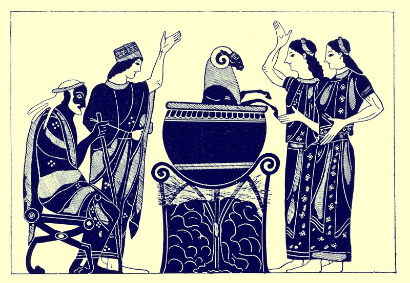 Medea Boiling the Ram, illustration från grekiska vassmålningar av J. E. Harrison och D. S. MacColl, publicerad 1894 (digitalt förbättrad bild) av after English School