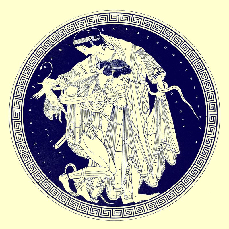 Peleus och Thetis, illustration från grekiska vasmålningar av J. E. Harrison och D. S. MacColl, publicerad 1894 (digitalt förbättrad bild) av after English School