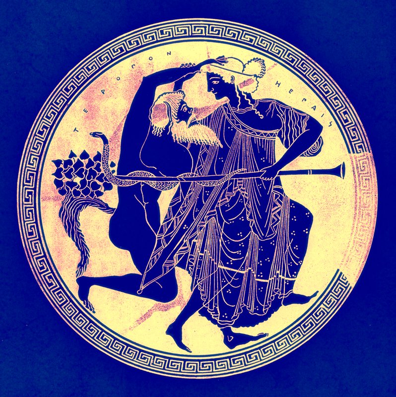 Satyr och Maenad, illustration från grekiska vasmålningar av J. E. Harrison och D. S. MacColl, publicerad 1894 (digitalt förbättrad bild) av after English School
