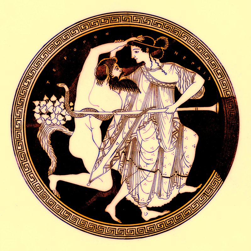 Satyr och Maenad, illustration från grekiska vasmålningar av J. E. Harrison och D. S. MacColl, publicerad 1894 (digitalt förbättrad bild) av after English School
