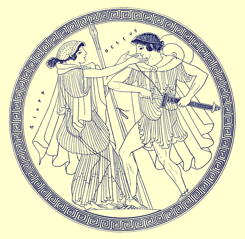 Theseus och Aethra, illustration från grekiska vassmålningar av J. E. Harrison och D. S. MacColl, publicerad 1894 (digitalt förbättrad bild) av after English School