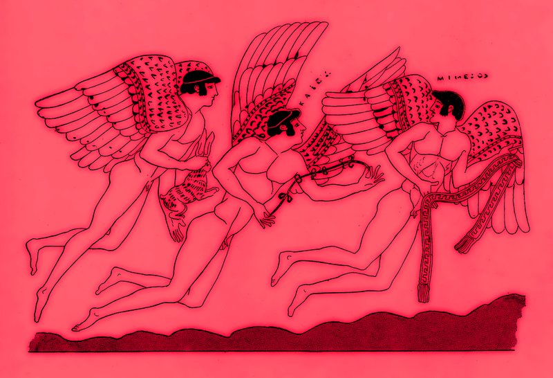 Tre bevingade kärleksgudar, illustration från grekiska vassmålningar av J. E. Harrison och D. S. MacColl, publicerad 1894 (digitalt förbättrad bild) av after English School