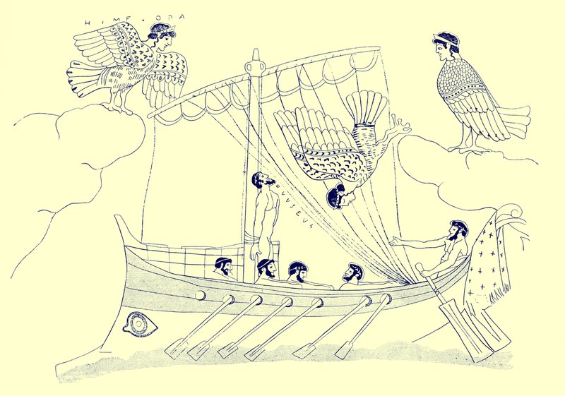 Ulysses and the Sirens, illustration från grekiska vassmålningar av J. E. Harrison och D. S. MacColl, publicerad 1894 (digitalt förbättrad bild) av after English School