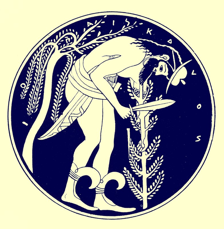 Woodman at work, illustration från grekiska vassmålningar av J. E. Harrison och D. S. MacColl, publicerad 1894 (digitalt förbättrad bild) av after English School