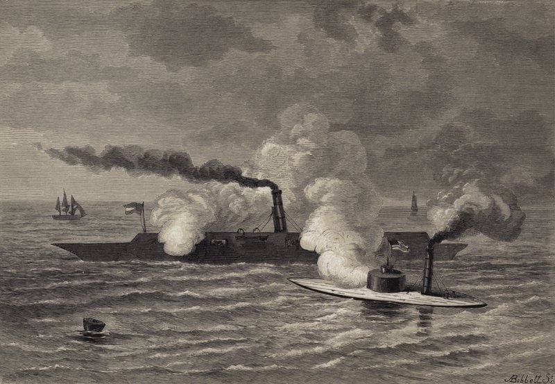 Attack av monitorn på Merrimack av after Felix Octavius Carr Darley