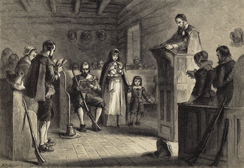 Offentlig gudstjänst i Plymouth av pilgrimerna av after Felix Octavius Carr Darley