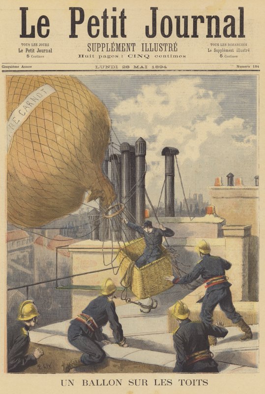 En ballong kraschlandar på hustaken i Paris av after Frederic Theodore Lix