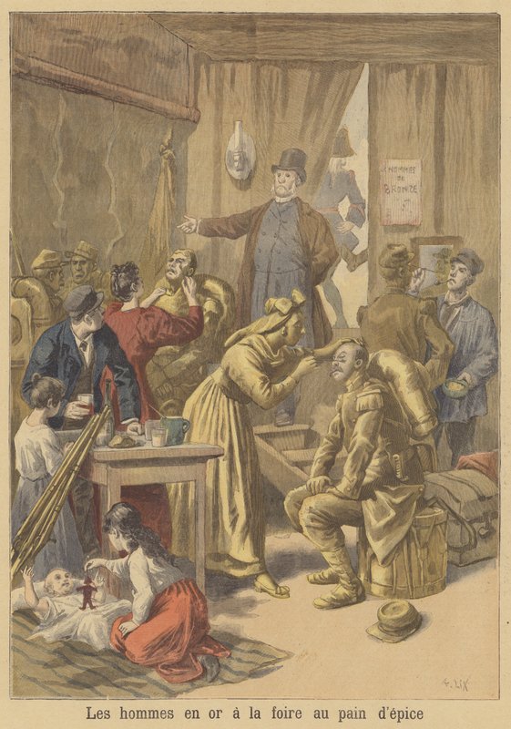 Män som målas guld inför påskpepparkaksmässan av after Frederic Theodore Lix