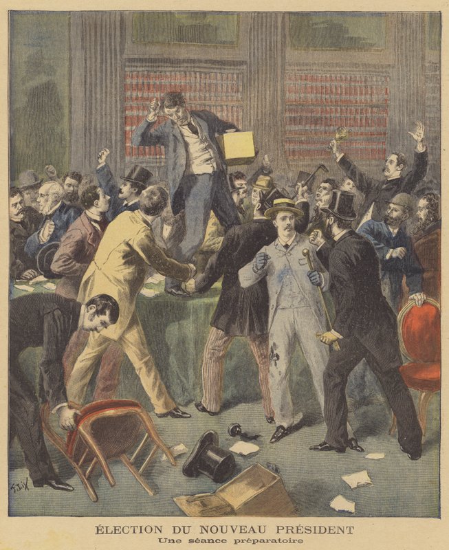Oregerliga scener när franska parlamentariker diskuterar valet av en ny president av after Frederic Theodore Lix