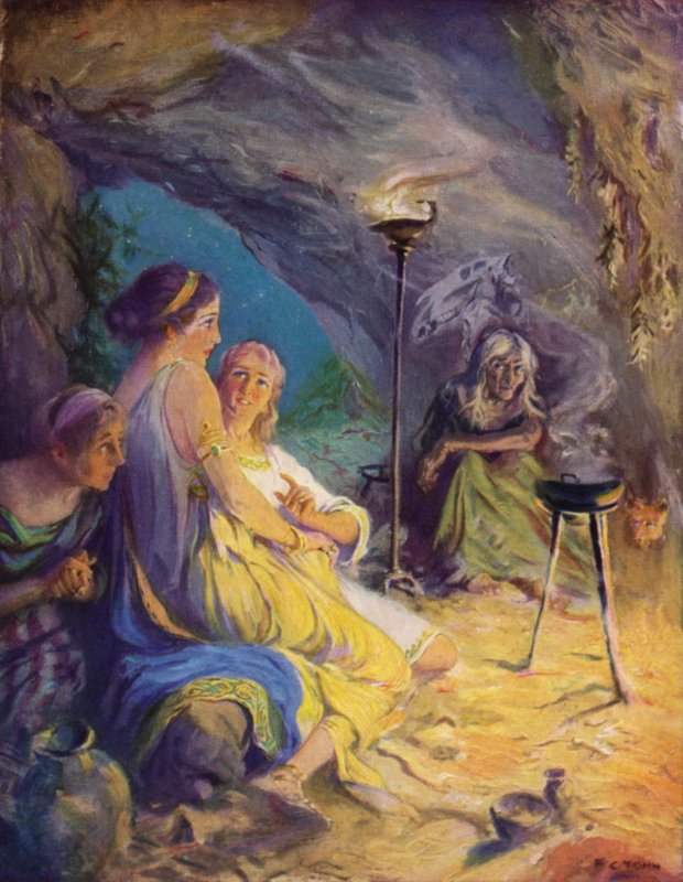 Glaucus och Ione söker skydd i häxgrottan av after Frederick Coffay Yohn