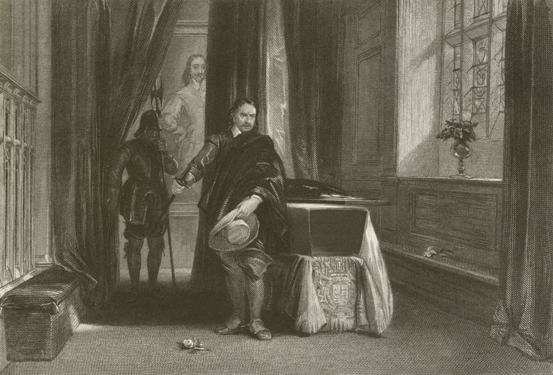 Cromwell tittade på Charles I:s kropp, en skugga rörde sig över hans panna av after George Cattermole