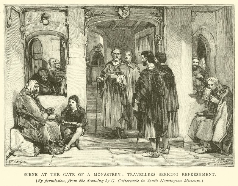 Scen vid porten till ett kloster, resenärer som söker förfriskningar av after George Cattermole