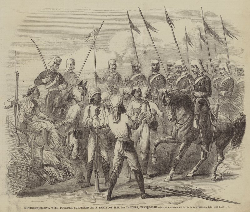 Myteriserande Sepoys, med plundring, överraskad av ett parti av HM 9th Lancers, nära Delhi av after George Francklin Atkinson